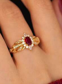 1 pieza Anillo de plata de ley S925 con granate rojo micro-incrustado, elegante, regalo de lujo para mujeres en bodas