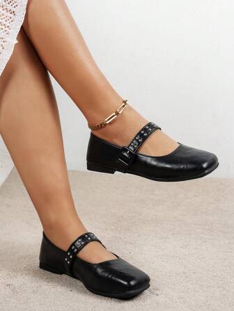 方头玛丽珍女式平底鞋，黑色一脚蹬正装鞋 2025 年春季新品