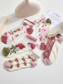 1/5 Pairs Women Shallow Boat Socks, Glass Silk Socks, Transparent Crystal Socks, Thin Summer Style - Multicolor - View 6