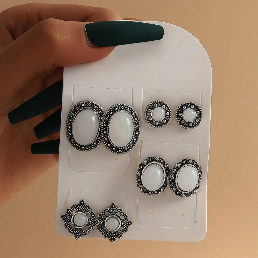 8pcs/Set Seashell And Starfish Elements Vacation Style Earring Set, Gift - Antique Silver - View 1