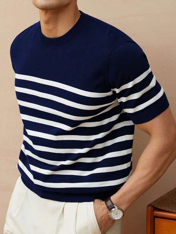Striped Crew Neck Knit T-Shirt, Minimalist Fashion Casual For Daily Wear