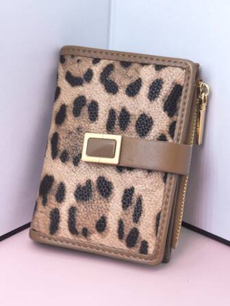 Women Short Contrasting Color Patchwork Wallet, Fashion Leopard & Tree Pattern Multifunctional Card Holder, Elegant Buckle Design Young Student Large Capacity Zipper Coin Purse, Lightweight And Stylish Convenient Carry, Suitable For Holiday Gifts