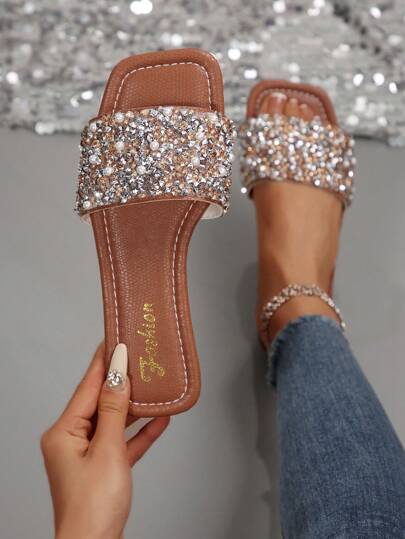 Plus Size Women Rhinestone Embellished Flat Sandals, Casual Vacation Summer Slippers
