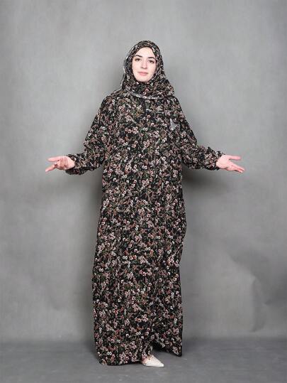Elegant blommig retromönstrad hijab med klänning tillsammans för muslimska kvinnor - traditionell bönemantel, trendig långärmad maxiklänning med dragkedja, blygsam