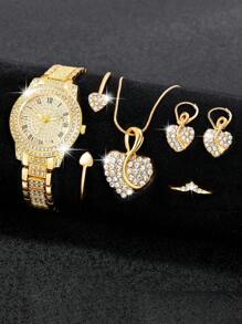 6 Piece Gorgeous, Elegant Women's Quartz Watch With Heart Jewelry Pendant Necklace, Earrings, Rings, Bracelet Set, Perfect Gift For Ladies, Diamond Alloy Strap, Classic Roman Scale Round Dial, Ideal Gift For Sisters And Mothers, Suitable For Daily Wear, Back-To-School Season, Graduation Season, Thanksgiving, Couples, The Best Gifts Watch Box Not Included