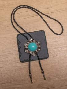 3pcs Western Style Fashionable Bolo Tie String Turquoise Long Pendant Necklace, Suitable For Daily Wear, Gifts, And Vacations