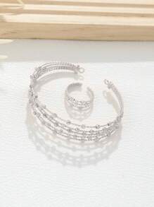 2 件/套时尚铜金属球弹性开口环手镯，镂空波西米亚风格女士珠宝 - 銀色 - 查看 12