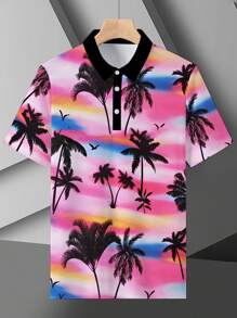 1pc Plus Size Men's Polo Collar Shirt, Casual Golf Sports Tie Collar Shirt With Coconut Tree Print, Short Sleeve, Knitted Fabric, Slightly Stretchy, Regular Fit, Suitable For Beach Vacation, Everyday Outdoor