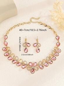 3 件套粉色水滴形耳环和项链首饰套装，派对礼物