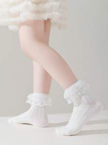 1 Pair Girls Lace Hollow Out Breathable Ruffle Socks, Suitable For Infant Girls And Baby Dress Up