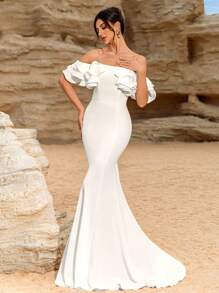 女士长款修身白色伴娘礼服，适合婚礼派对，优雅大方，正式礼服，适合晚会、婚礼宾客