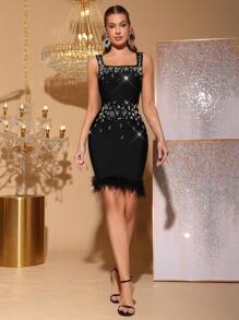 New Women Black Faux Feather Glass Sequin Spaghetti Strap Bandage Mini Dress Sleeveless Party Club Dress, Wedding Guest Dress, Prom Dress