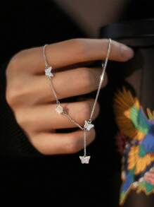 S925 Sterling Silver White Rose Micro-Inlaid Cubic Zirconia Butterfly Design Bracelet, Versatile Minimalist Floral Jewelry Gift For Birthday, Holiday, Daily Wear - Rose - View 2