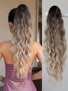 24英寸黑棕色长卷发马尾夹式合成假发接发，自然逼真，女士马尾假发 - 漸層棕色 - 查看 7