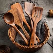 SHEIN X Heather Rae 5 Pieces Wooden Kitchen Utensil Set, Wooden Spoon For Cooking, Wooden Cooking Utensils, Natural Teak Wooden Spoon For Nonstick Pans