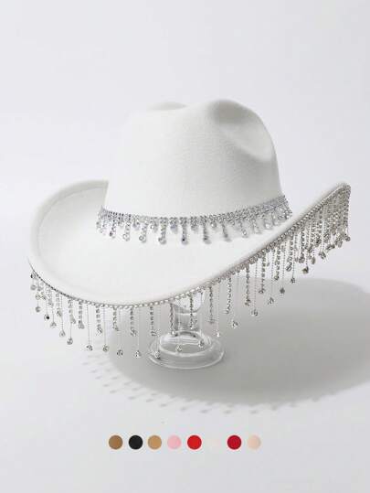 1pc Women's Solid Color Rhinestone Waterdrop Tassel Western Cowboy Hat, Casual Travel Party Jazz Hat, Suitable For Solo Party, Festival, Wedding, With Curved Brim