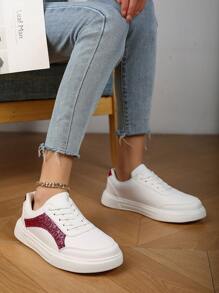 New Casual Simplistic Comfortable Leather Low-Top Lace-Up Flat Sneakers, Suitable For Female Teenagers, Anti-Slip Shock-Absorbing Sports Shoes For Middle & High School Students, Outdoor Activities & Daily Wear
