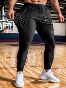 Men's High Elastic English Reflective Zipper Pocket Drawstring Ankle-Length Pants, Lightweight Casual Sports Trousers Suitable For Running, Workout, Hiking, Cycling, Spring & Autumn - Black - View 3