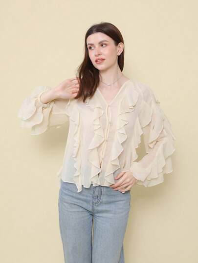 Fashion Layered Embellished V-Neck Long Sleeve Shirt