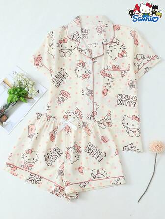  2 件/套授权 Sanrio Hello Kitty 印花翻领短袖纽扣口袋上衣和蝴蝶结短裤睡衣家居服套装，适合家居使用，春夏