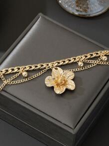 1 pieza Tobillera con colgante de flor dorada multicapa de estilo de vacaciones con línea y flecos para mujeres (sin caja de regalo)