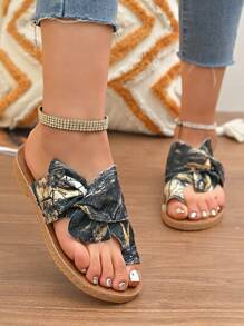 Sandalias de mujer con decoración de lazo, zapatos planos casuales para la playa