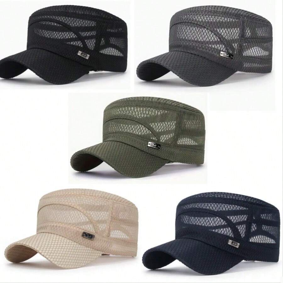 1 pieza Gorra plana con etiqueta de hierro, unisex, casual, transpirable, protección solar para exteriores. Gorra plana con malla transpirable, ajustable, apta para hombres y mujeres, casual para exteriores, sombrero protector solar con orificios de ventilación, hecho de poliéster. Opciones de color: negro/gris/verde oliva/beige/azul marino. Nuevo lanzamiento. Gorra plana de malla completa con etiqueta de hierro, protección solar transpirable casual para hombres y mujeres para el verano al aire libre.