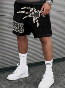 男士黑色时尚字母与蜘蛛印花休闲宽松短裤 - 黑色 - 查看 1
