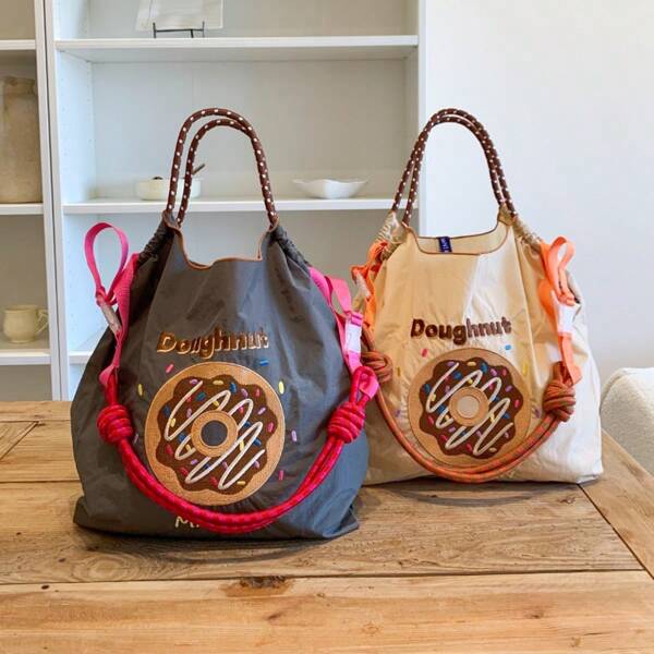 Ladies' Tote Bag Fashion Shoulder Bag Nylon Fabric Embroidered Doughnut Lightweight Foldable Handbag, Large Capacity Crossbody Bag Suitable For Commuting, Travel, Leisure, Gym, Holiday Gift