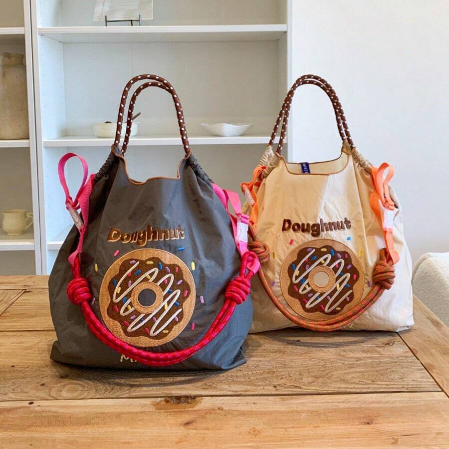 Ladies' Tote Bag Fashion Shoulder Bag Nylon Fabric Embroidered Doughnut Lightweight Foldable Handbag, Large Capacity Crossbody Bag Suitable For Commuting, Travel, Leisure, Gym, Holiday Gift