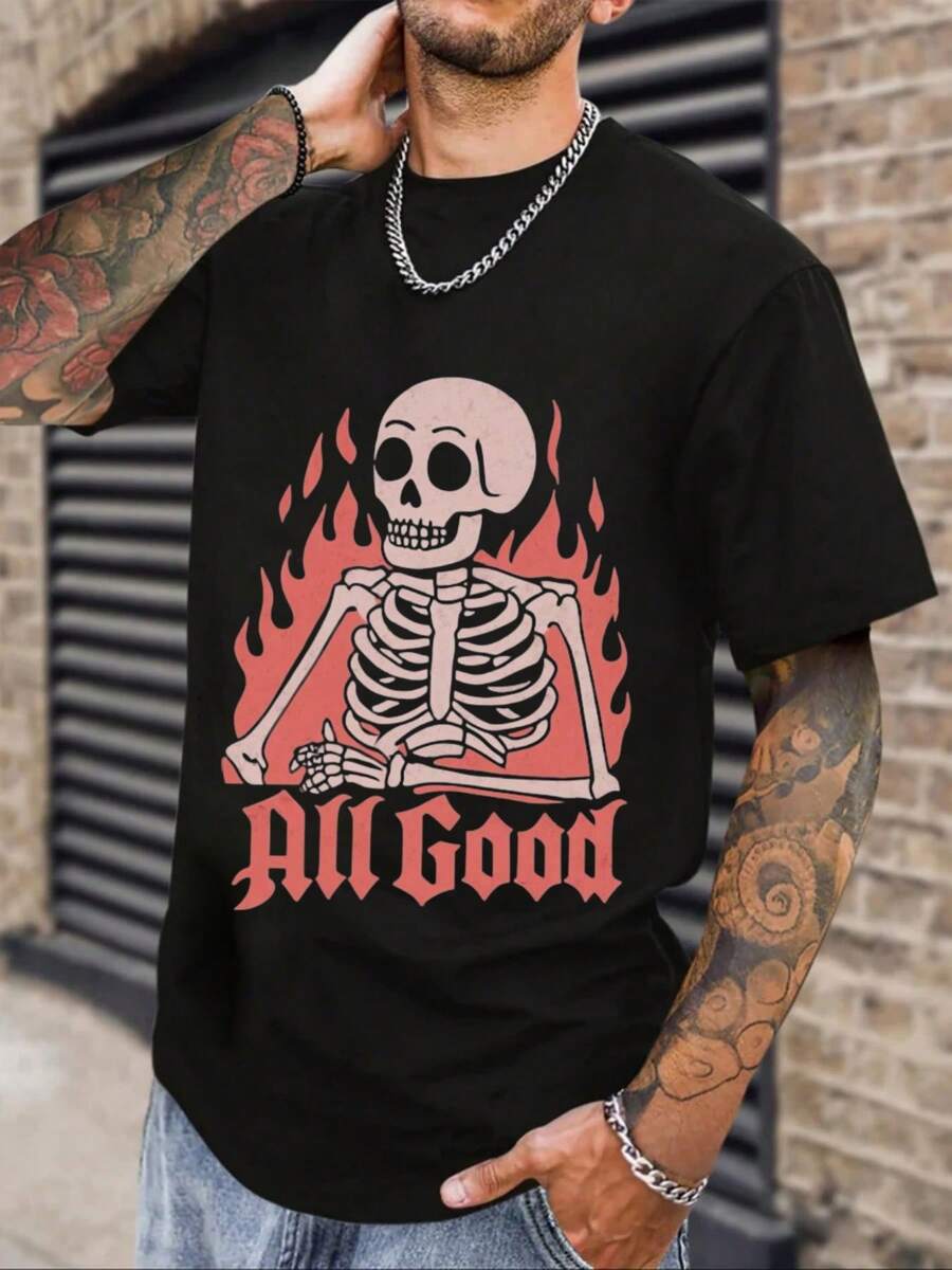 Camiseta De Algodón Puro 220g Con Estilo Urbano Y Esqueleto - Negro - Ver 1