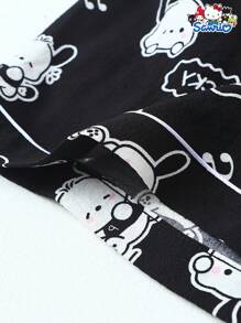 Set de pijama de 2 piezas con parte superior de manga corta con cuello y bolsillo con botón, y pantalón corto de lazo con estampado de Pochacco de Sanrio, ropa de estar en casa informal para mujer, primavera/verano