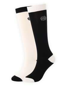 1双/2双 法式刺绣山茶花图案过膝袜，黑白配色，Y2K风格，舒适