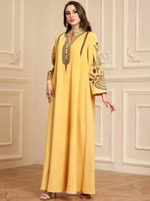 Women's Long Yellow Kaftan Robe, Notched Neck, Wrist Length Sleeves, Embroidered, Elegant Woven Fabric Jalabiya - Yellow - View 7