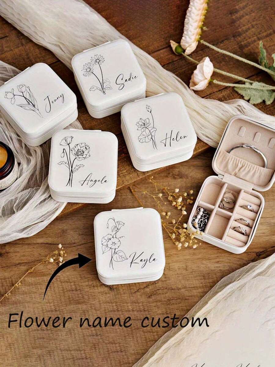 Customized Leather Jewelry Box, Personalized Jewelry Box With Name & Birth Flower, Gift For Valentine's Day, Leather Jewelry Box, Travel Organizer, Personalized Mother's Gift Box, Bridesmaid Jewelry Box