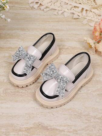 1 Pair Fashion Cute Bowknot PU Pearl Hook Loop Anti-Slip Comfortable Versatile Girl's Shoes, Suitable For Spring And Autumn Outdoor, Daily, Party And School Wear Mary Jane Loafers