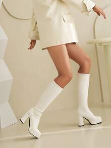 女士粗跟及膝靴，防水厚底方头时尚高跟靴，百搭秋冬季 - 白色 - 查看 4