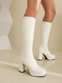女士粗跟及膝靴，防水厚底方头时尚高跟靴，百搭秋冬季 - 白色 - 查看 2