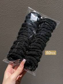 50个装女士简约高弹黑色发圈，发饰，马尾辫，发绳，发圈，健身运动发带，头饰，橡皮筋发圈 - 黑色 - 查看 4