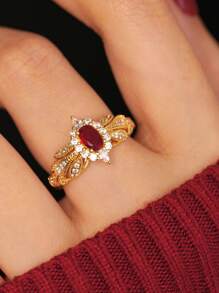 1 pieza Anillo de plata de ley S925 con granate rojo micro-incrustado, elegante, regalo de lujo para mujeres en bodas