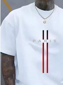 CAMISETA Masculina listra Paris Manga Curta Estampada Malha 30.1 Algodão Estilo Casual Premium Primavera Verão - Branco - Visão 2