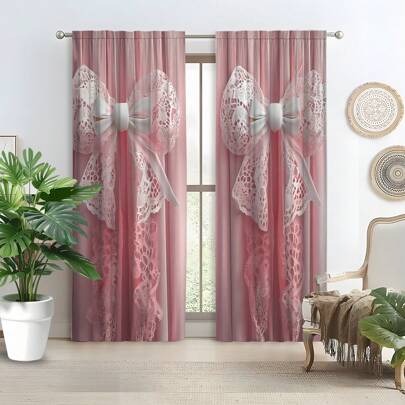 2片装甜美公主风粉色蝴蝶结复古蕾丝窗帘，涤纶纤维材质，适用于卧室、客厅、厨房、出租房、女孩房，杆袋式设计，易于安装，可机洗，经久耐用，完美适配小窗户。