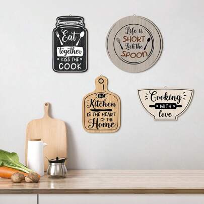 Set di 4 cartelli in legno da appendere per cucina in stile country, arte da parete per cucina, diciture divertenti e di ispirazione sulla famiglia e
