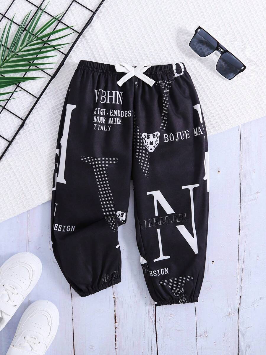 Infant Baby Boys' Casual Sports Pants With Allover Printed Cuffed Hem, Fashionable Anti-Mosquito Trousers, Suitable For All Seasons
