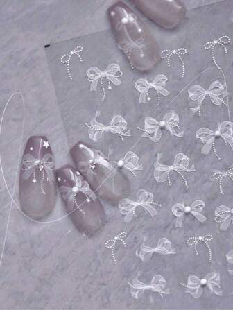 1 张白色蕾丝蝴蝶结指甲贴纸高品质 5D 珍珠钻石设计粘性指甲装饰