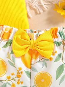 女宝宝可爱纯色圆领无袖 T 恤上衣，带 3D 蝴蝶结，柠檬水果印花图案灯笼裤两件套，适合春夏季日常外出 - 黃色 - 查看 5