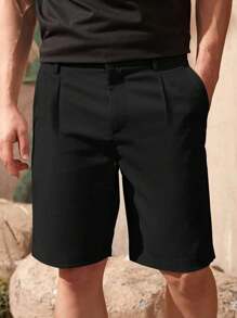 Men's Casual Suit Shorts, Breathable Fabric, Slanted Pockets - Black - View 2