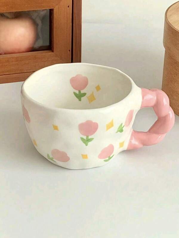 1 pieza Taza de cerámica esmaltada pintada a mano, diseño floral rosa lindo, taza de girasol francesa elegante - Puede usarse como taza de té, taza de café, taza de agua de alta calidad para la oficina, también adecuada como taza de leche o tazón para avena, regalo ideal para chicas de regreso a la escuela