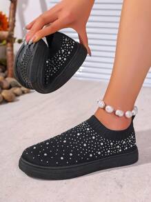 1 Pair Fashion Rhinestone-Decorated Sneakers For Teenage Girls, Soft Fabric Upper, Comfy Lining, Non-Slip Rubber Sole, Suitable For Fashionable Streetwear & Outdoor Sports - Black - View 3