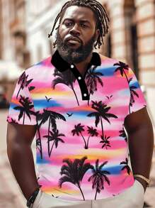 1pc Plus Size Men's Polo Collar Shirt, Casual Golf Sports Tie Collar Shirt With Coconut Tree Print, Short Sleeve, Knitted Fabric, Slightly Stretchy, Regular Fit, Suitable For Beach Vacation, Everyday Outdoor